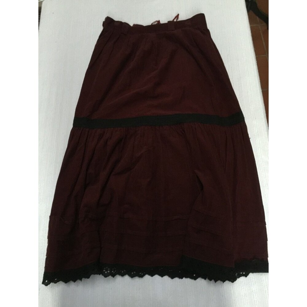 Vintage Hirsch Women's Maroon Corduroy Pleated Midi Skirt Size 42 with Lace Trim